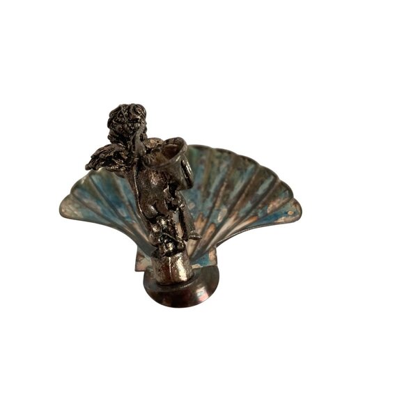 Vintage Silver Toned Cherub Scallop Shell Salt Cellar Decorative Spoon Included - Picture 5 of 10